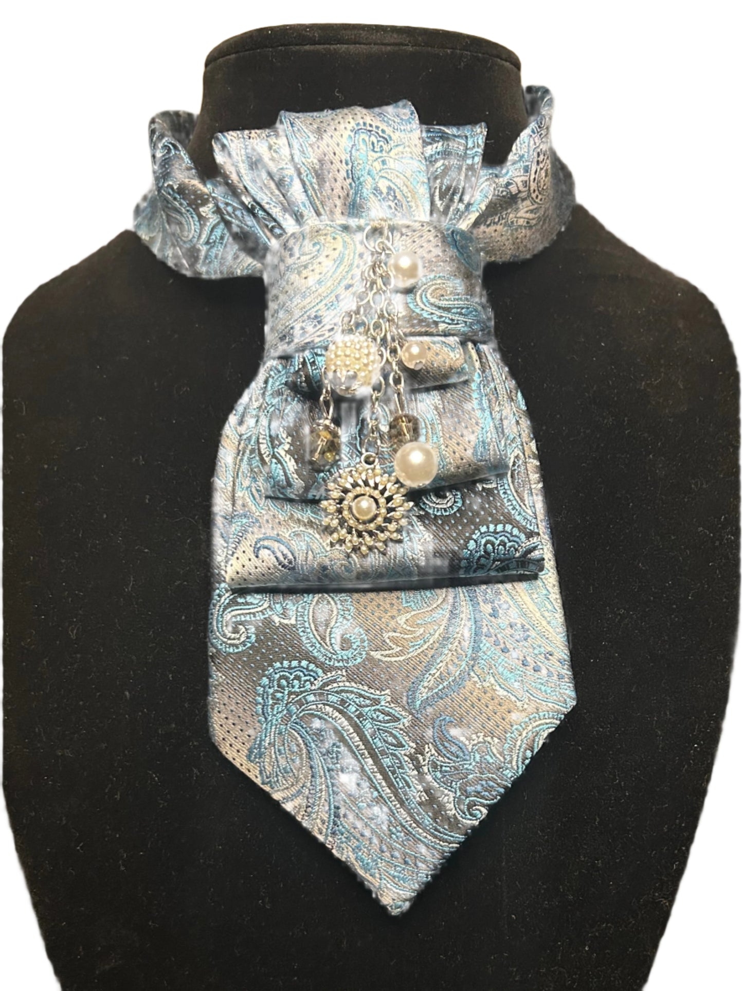 Tie-Necklace Taupe Print Blue Paisley
